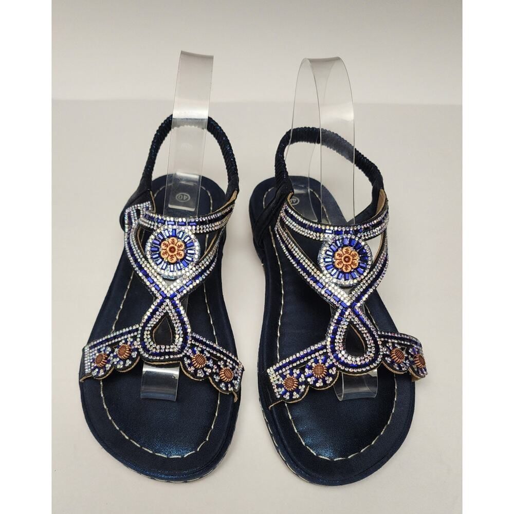 Women's Blue Rhinestone T-Strap Flat Boho Gemstone Slingback Slip-On Shoes US 9 - Picture 5 of 7